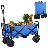 Heavy Duty Folding Wagon Cart w/7'' All-Terrain Wheel, Collapsible Portable Utility Camping Grocery Canvas Wagon w/Carry Bag, Adjustable Handle Prevent Sinking in Sand for Shopping, Park, Beach(Blue)