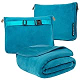 PAVILIA Travel Blanket and Pillow, Dual Zippers, Clip On Strap, Warm Soft Fleece 2-in-1 Combo Blanket Airplane, Camping, Car, Large Compact Blanket Set, Luggage Backpack Strap, 60 x 43 (Teal Blue)