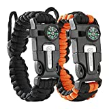 Atomic Bear Paracord Bracelet (2 Pack) - Adjustable - Fire Starter - Loud Whistle - Perfect for Hiking, Camping, Fishing and Hunting - Black & Black+Orange