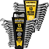 TOOLGUARDS 26 Pieces INCH/MM slim profile Ratcheting Wrench Set with Rack Organizer - Wrenches Set