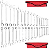 ROCHOOF Combination Wrench Set,33-Piece Chrome Vanadium Steel Wrench Set 12-Point SAE & Metric Wrenches 1/4'-1' and 6-22mm with Rolling Pouch