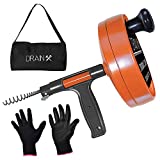 DrainX Drain Auger Pro | Heavy Duty Steel Drum Plumbing Drain Snake with 25-Ft Drain Cleaning Cable | Comes with Work Gloves and Storage Bag