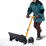KAIDIDA Snow Pusher,Snow Shovel for Driveway,Snow Shovel with Wheels,Adjustable Length Snow Shovel,Heavy Duty Metal Snow Shovel with Wheels,Large Area Coverage 29”x19” Snow Shovel