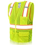 SHORFUNE High Visibility Safety Vest with Pockets, Mic Tabs, Zipper and Reflective Strips, Meets ANSI/ISEA Standards, Yellow, XL