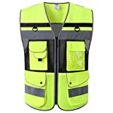 JKSafety 12 Pockets Class 2 High Visible Reflective Safety Vest Zipper Front Back Pockets Mesh Lining, Yellow-Black Meets ANSI/ISEA Standards (180-Yellow-Black M)