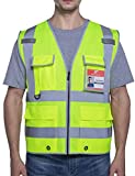 SESafety Safety Vest with 9 Pockets, High Visibility Reflective Vest, Construction Vest for Men, Security Vest, Work Vest for Men, ANSI/ISEA Class 2 Type R, Yellow, L