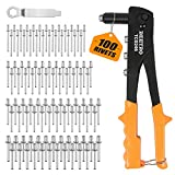 BEETRO Heavy Duty Hand Riveter, Rivet Gun, 3/32'-1/8'-5/32'-3/16', 4 Nosepieces Set Includes 100pcs Rivets, Durable and Suitable for Metal, Plastic and Leather