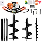 62cc Post Hole Digger 2 Stroke Post Hole Auger Gas Powered Earth Auger with 3 Replacement Drill Bits(5', 6', 8') and 3 Extension Rod for Farm Garden Plant