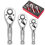 TOMMARS 1/4, 3/8, 1/2 Inch Drive Stubby Ratchet Set 3 Pc Mini Ratchet Quick-Release Head 72-Tooth