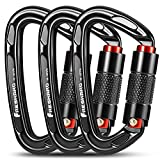 3pcs Climbing Carabiners-Auto Double Locking Carabiner Clips, Caribeener Twist Lock and Heavy Duty, for Rock Climbing ,Rappelling, Arborist, Firefighter, Dog Leash, D UIAA Certified 4 Inch, 25kN Black