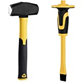 KURUI 3lb Sledge Hammer & Flat Chisel with Hand Protection for Tile/Rock/Masonry/Concrete/Brick/rockhounding , Mason Flat Head Chisel & Small Drilling Hammer with Anti-Slip Handle