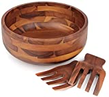Acacia Wood Salad Bowl with 2 Wooden Hands, Large Mixing Bowl for Fruits, Salad, Cereal,Cornflake,Pasta 11' Diameter x 4.5' Height