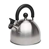 Primula Stewart Whistling Stovetop Tea Kettle Food Grade Stainless Steel, Hot Water Fast to Boil, Cool Touch Folding, 1.5 Qt, Brushed with Black Handle
