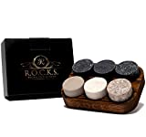 Whiskey Chilling Stones - Set of 6 Handcrafted Premium Granite Round Sipping Rocks - Hardwood Presentation & Storage Tray - Perfect Gift by R.O.C.K.S.