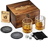 Mixology & Craft Whiskey Stones Gift Set for Men - Pack of 2, 10 oz Whiskey Glasses w/ 8 Granite Chilling Rocks, 2 Slate Coasters, Cocktail Cards in Rustic Wooden Crate