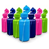 Bulk Water Sports Bottles for Kids (12 Pack) 18 oz Squeeze Reusable Plastic Neon Colors Water Bottle, BPA Free, Bike Kids Water Bottles by 4E's Novelty
