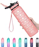 MEITAGIE 32oz Leakproof Motivational Sports Water Bottle with Straw & Time Marker, Flip Top Durable BPA Free Tritan Non-Toxic Frosted Bottle Perfect for Office, School, Gym and Workout (Rose Quartz)