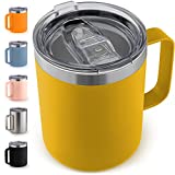 Zulay 12 oz Insulated Coffee Mug with Lid - Stainless Steel Camping Mug Tumbler with Handle - Double Wall Vacuum Duracoated Insulated Mug For Travel, Camping, Office, Outdoor (Yellow)