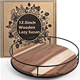 12.5' Acacia Wood Lazy Susan Turntable, Tomoaza Kitchen Organizer Turntable with Steel Sides, 360 Degree Turntable for Countertop Cabinet or Dining Table(Black)