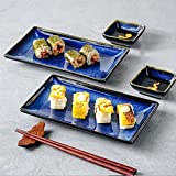 uniidea Ceramic Sushi Serving Tray Sets 2, 6 Pieces Japanese Style Porcelain Sushi Plate Dinnerware with Soy Sauce Dishes, Bamboo Chopsticks Housewarming Gift, Blue