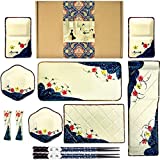 Artcome 11 Piece Japanese Style Ceramic Sushi Plate Dinnerware Set for Wedding Housewarming with 3 Sushi Plates, 2 Sauce Dishes, 2 Side Dish Bowls, 2 Pairs of Chopsticks, 2 Chopsticks Holders (Blue)