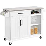 Yaheetech Kitchen Cart with Stainless Steel Top, Kitchen Island on Wheels with Drawer and Cabinet, Open Shelves and Spice Rack Towel Rack, White