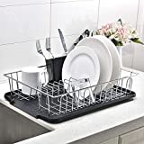 Popity home Sturdy Kitchen Dish Drying Rack,Dish Rack with Stainless Steel Utensil Holder and Drainboard, 3piece Sink Side Kitchen Counter Top Black Draining Board