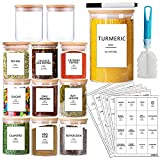 AISIPRIN 12 Pcs Glass Spice Jars with Bamboo Airtight Lids and 114 Labels - 9oz Small Food Storage Containers for Kitchen, Coffee, Herb - Marker and Brush Included