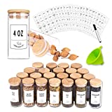 24 Glass Spice Jars with Bamboo Airtight Lids, 400 Spice Labels, Funnel and Chalk Marker Set- Churboro Spice Containers, 4 OZ Glass Storage Jars.