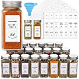 24 Pcs Glass Spice Jars with White Printed Spice Labels - 4oz Empty Square Spice Bottles - Shaker Lids and Airtight Metal Caps - Silicone Collapsible Funnel