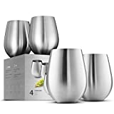 Stainless Steel Unbreakable Wine Glasses - 18 Ounce Set of 4 Wineglasses. Premium-Grade 18/8 Stainless Steel Red & White Stemless Wineglasses set, Portable Wine Tumbler, for Outdoor Events, Picnics