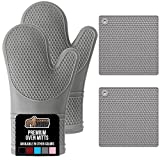 Gorilla Grip Heat Resistant Waterproof Silicone Oven Mitt and Pot Holder 4 Piece Set, Includes 2 Soft and Flexible Cooking Mitts and Trivet Mats, Gloves and Potholders for Use on Hot Surfaces, Gray