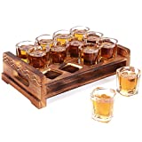 Shot Glass Holder Set with 12 Clear Shot Glasses, Vivimee 2.3 oz Square Shot Glasses Set with Rustic Burnt Wood Serving Tray, Crystal Shot Glass for Whiskey, Tequila, Liqueurs, Party & Collection