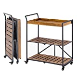 MELLCOM Folding Bar Cart Kitchen Serving Cart on Lockable Wheels 3-Tier Rolling Utility Cart with Storage for Home Kitchen, Rustic Brown