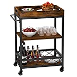 IDEALHOUSE Utility Bar Carts for Home, Mobile Wine Cart on Wheels, Kitchen Serving Cart with Wine Rack, Removable Tray, Wheel Locks and Glass Bottle Holder, 3 Tiers Storage Shelves Cart (Vintage)