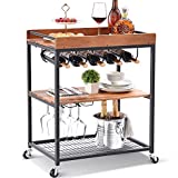 TOOLF Wine Bar Cart, Solid Acacia Wood Home Bar Serving Carts on Wheels with Wine Rack/Glass Holder, 3 Tiers Kitchen Storage Cart Metal Trolley Industrial Brown 34.7H x 25.6L x 16.1W inches