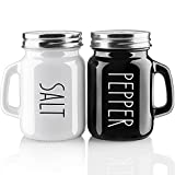 Farmhouse Salt and Pepper Shakers Set, 4 oz Cute Salt Pepper Shaker, Modern Farmhouse Kitchen Decor for Home Restaurants Wedding, Vintage Glass Black White Shaker Sets with Stainless Steel Lids