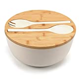 Large Salad Bowl with Lid, Bamboo Fiber Salad Serving Bowl Set with Utensils, Mixing Bowl with Servers, 9.8inches Solid Wooden Bowl for Salad, Fruits, Vegetables and Pasta(White)