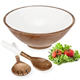 Wooden Salad Bowl with Tongs, Large White 12' Mango Wood Set with Utensil Servers for Salad & Fruit