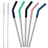 Senneny Set of 5 Stainless Steel Straws with Silicone Flex Tips Elbows Cover, 2 Cleaning Brushes and 1 Portable Bag Included (8mm diameter, Silver)