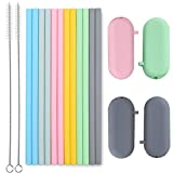 Sunseeke Silicone Straws Set - Odorless, 12 Standard Reusable Drinking Straws, 4 Carry Pouch, 2 Cleaning Brushes, Certificated Food Grade Platinum Silicone - 8 1/2' Long