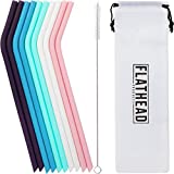 Flathead Reusable Silicone Drinking Straws with Travel Case Cleaning Brush - Extra long for 30oz and 20oz Tumblers - (Set of 10) - BPA Free Reusable Straws