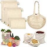 Reusable Produce Bags, Organic Mesh Bags Muslin Bags with Drawstring Bonus Reusable Grocery Bag for Shopping & Storage, Washable, Biodegradable, Food Safe, Tare Weight on Color Tag(7 Pack)