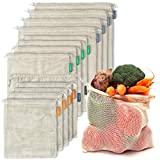 12+1 Reusable Produce Bags Grocery Washable | Organic Cotton Mesh Produce Bags | Double-Stitched & Tare Weigh | Onions Bag | Cotton Produce Bags Reusable Washable | Bulk of 13 (4S, 4M, 4L +1 Muslin)