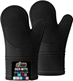 Gorilla Grip Heat Resistant Silicone Oven Mitts Set, Soft Quilted Lining, Extra Long, Waterproof Flexible Gloves for Cooking and BBQ, Kitchen Mitt Potholders, Easy Clean, Set of 2, Black