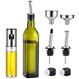 Olive Oil Dispenser 17 OZ and Oil Sprayer Bottle 100 ML for Cooking Set - Green Oil and Vinegar Cruet Bottle Set for Kitchen - Glass container with Drip-Free Stainless Steel Spout