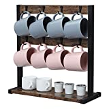 OROPY Vintage Wood Coffee Mug Holder Stand, 2 Tier Countertop Mug Tree Holder Rack for Coffee Mugs Cups (Dark Brown) (16 Hooks)