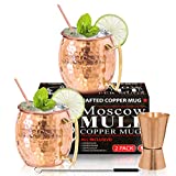 Moscow Mule Copper Mugs - Set of 2 - 100% HANDCRAFTED - Food Safe Pure Solid Copper Mugs - 16 oz Gift Set with BONUS - Premium Quality Cocktail Copper Straws, Straw Cleaning Brush and Jigger!