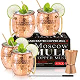 Moscow Mule Copper Mugs - Set of 4 - 100% HANDCRAFTED - Food Safe Pure Solid Copper Mugs - 16 oz Gift Set with BONUS: Premium Quality Cocktail Copper Straws and Jigger!