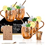 Moscow Mule Copper Mugs - Set of 4-100% HANDCRAFTED Solid Copper Mugs, Gift set with 4 Copper Straws, 1 Stirring Spoon, 1 Copper Shot Glass, 1 Straw Cleaning Brush.